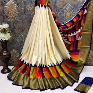 Women&#39;s Saree: Beautiful  Silk/Linen Cotton/Muggu Saree with Zari Border