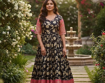 Floral Brocade Anarkali Gown - Black & Gold Festive Dress