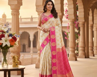 Cream Silk Saree with Hot Pink Border Banarasi Style Saree with Mirror Work Blouse | Golden Butta Work | Festive Wear Saree