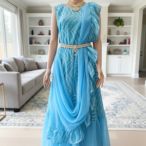 dresses in saree Draped Maxi dress usa/blue layered Maxi dress/ Draped saree dress with hand embroidery belt /pre Draped saree gown /saree dress with belt