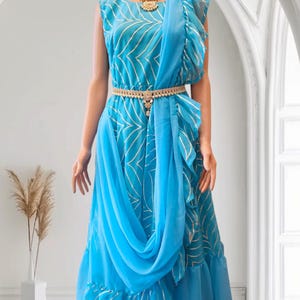 Blue Ready-to-Wear Party Saree Gown | Fully Stitched Georgette Saree Dress | Indian Wedding & Festival Outfit