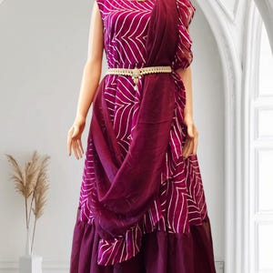 Wine Ready-to-Wear Party Saree Gown | Fully Stitched Georgette Saree Dress | Indian Wedding & Festival Outfit