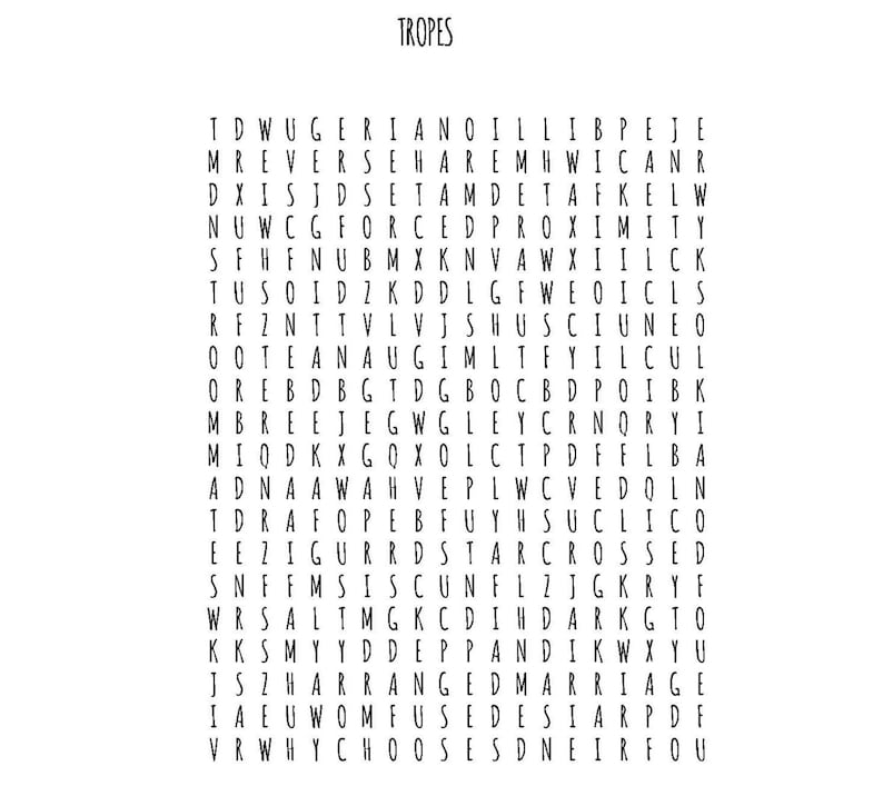 Printable Word Search Romance Book Tropes Etsy