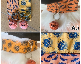 Oranje en zwarte vleermuizen en katten Halloween verstelbare fursuit-kragen met pompoenbellen