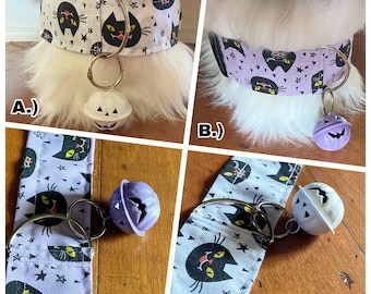 Paarse en witte katten Halloween verstelbare bontkragen met pompoenbellen [RESTOCK]