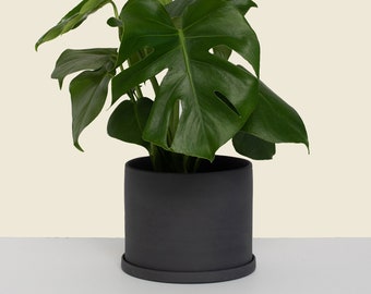 8" Houseplant Pot with Drainage Hole, Modern Indoor Planter, Indoor Plant Pot, Ceramic Plant Pot with Saucer, Large Black Charcoal Planter