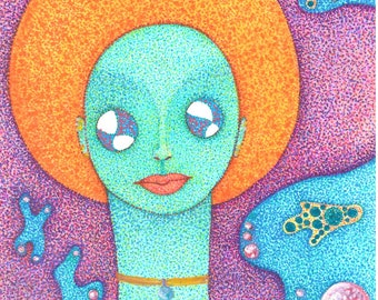 8"x10" Giclee Art Print - "Orange Crush" - Colorful Pointillist Portrait - Vibrant wall art, psychedelic artwork, intergalactic art, groovy