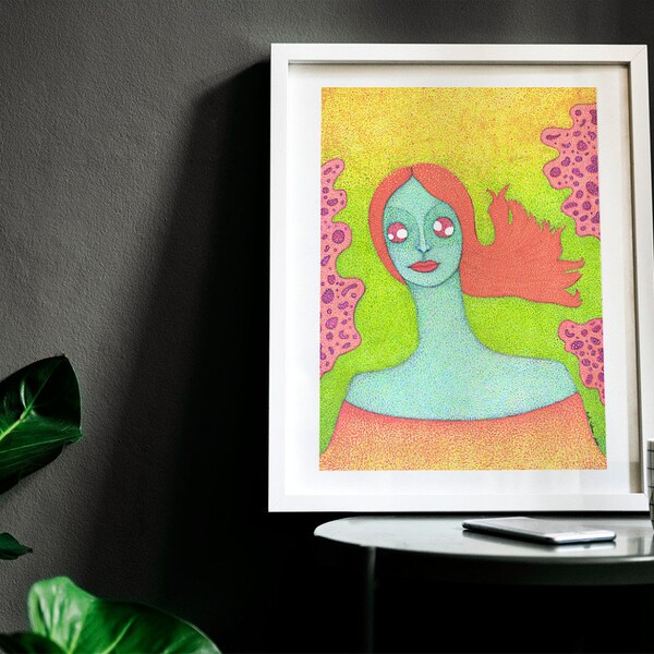 8"x10" Giclee Art Print - "Venus in Vitamin C" - Colorful Pointillist Portrait - Groovy Vibrant Artwork , Unique decor, psychedelic wall art