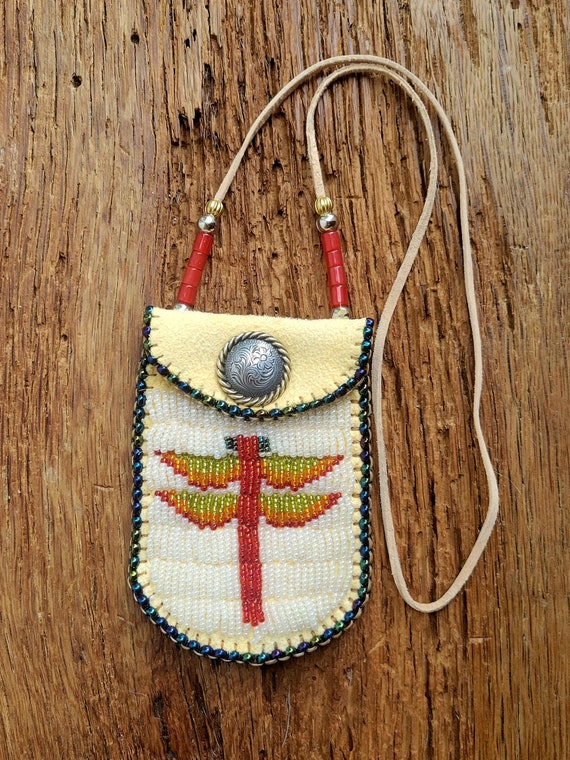 Beaded Buckskin Indian Medicine Prayer Bag Small Pouch Necklace – White  Bison Native Art