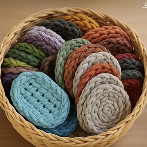 Könnte beinhalten: Eine Sammlung bunter gehäkelter Untersetzer in verschiedenen Mustern und Farben, darunter Grün, Blau, Braun, Grau und Lila. Die Untersetzer sind in einem Weidenkorb angeordnet.