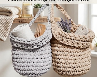 Crochet pattern for a roll-top hanging basket - for beginners - modern crochet basket PDF German DIY instant download