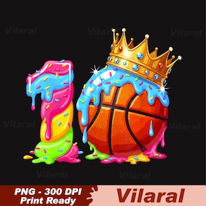 May include: A colorful graphic featuring the number 10 and a basketball wearing a gold crown. The number 10 is designed to look like a layered ice cream cone with blue, pink, yellow, and green colors. The basketball has blue icing and a gold crown.