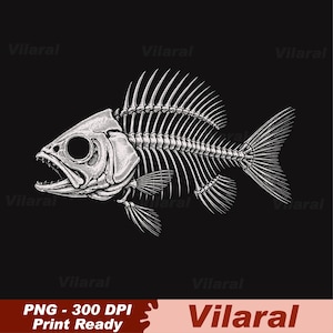 May include: A white graphic illustration of a fish skeleton on a black background. The design features a detailed skull with an open jaw, a prominent dorsal fin, and a tail fin. The text Vilaral is repeated across the image as a watermark.