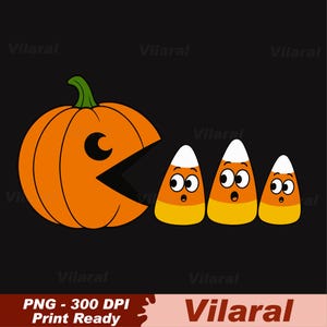 May include: A graphic illustration on a black background featuring an orange pumpkin with a green stem and a large, triangular mouth open wide. To the right, three candy corn pieces with white, orange, and yellow sections and wide eyes.