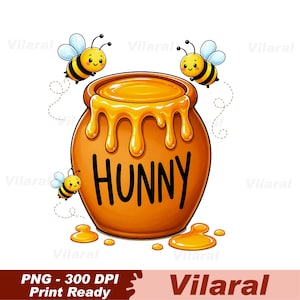 May include: A round orange ceramic honey pot with the word HUNNY printed in black letters on the front. Thick golden honey drips from the rim and pools at the base. Three small, smiling cartoon bees with yellow and black stripes fly around.