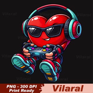 May include: A cartoon heart character wearing sunglasses and headphones, holding a video game controller. The heart is red with a smiling face, and the controller has colorful buttons. The character is wearing sneakers and gloves.