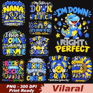 Op de afbeelding: Een verzameling digitale grafische ontwerpen voor Downsyndroom-bewustzijn in blauw en geel met puzzelstukjes, linten, zonnebloemen en stripfiguren met teksten zoals Proud Nana, I'm Down Right Perfect en Support Squad.