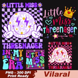 May include: A collection of digital designs with the text "Little Miss Threenager". The designs feature a smiley face with daisies, peace signs, lightning bolts, and a crown. The color palette includes pink, purple, and black.