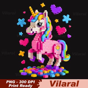 May include: A pink unicorn figure constructed from colorful building blocks. The unicorn has a yellow horn, a rainbow mane and tail, and is surrounded by star and heart-shaped blocks. The image includes the text "PNG - 300 DPI Print Ready" and the word "Vilaral".