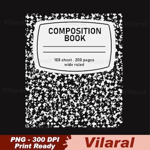 May include: A composition book with a classic black and white speckled marble pattern. The center features a white label with the text COMPOSITION BOOK, 100 sheet, 200 pages, and wide ruled printed in black. The design is set against a solid black background.