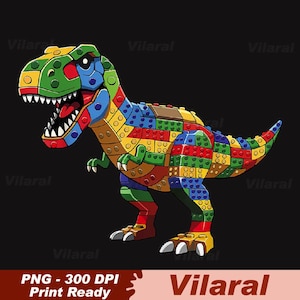Op de afbeelding: Een kleurrijke illustratie van een Tyrannosaurus Rex, geconstrueerd uit verschillende gekleurde bouwstenen. De dinosaurus heeft een gedetailleerd ontwerp met een rode mond, witte tanden en een mix van groene, blauwe, gele en rode blokken. De tekst "PNG - 300 DPI Print Ready" en de naam "Vilaral" zijn inbegrepen.