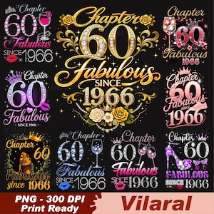 Puede incluir: Una colección de diseños digitales con el texto "Chapter 60 Fabulous Since 1966". Los diseños presentan el número 60 en varios estilos, coronas, tacones altos, copas de vino y labios, en colores como rosa, dorado y morado.