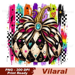 May include: A decorative pumpkin illustration featuring a black and white harlequin diamond pattern, adorned with a large black and white striped bow, a central turquoise gem, pearls, and pink stars. The background displays colourful paint brush strokes.