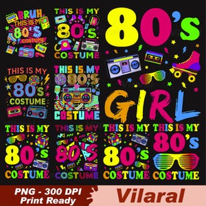 Op de afbeelding: Een zwart grafisch ontwerp met de tekst "BRUH THIS IS MY 80'S COSTUME" en andere tekst met de tekst "THIS IS MY 80'S COSTUME". Het ontwerp bevat afbeeldingen van een boombox, rolschaats, cassettebandje en zonnebril.