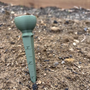 May include: A green plastic plant marker with a 3-inch ruler marked in inches. The marker is inserted into the ground.
