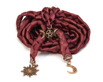 Divinity Braid 3 charm Burgundy Bronze Triple Moon  & Sun Wedding Handfasting Cord #Wedding