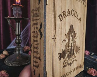 Dracula Wood Burned Laser Engraved Book Box ~ Memory Box, Bridal, Wooden Box, Word burning, Pyrography