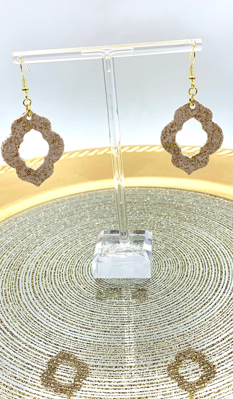 Cream and Gold LeafMoroccan ShapedPolymer Clay EarringGorgeousStunning