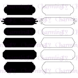 Op de afbeelding: Set van tien zwart-witte printbare labels met verschillende vormen en randen. De labels zijn blanco en klaar om te worden aangepast.