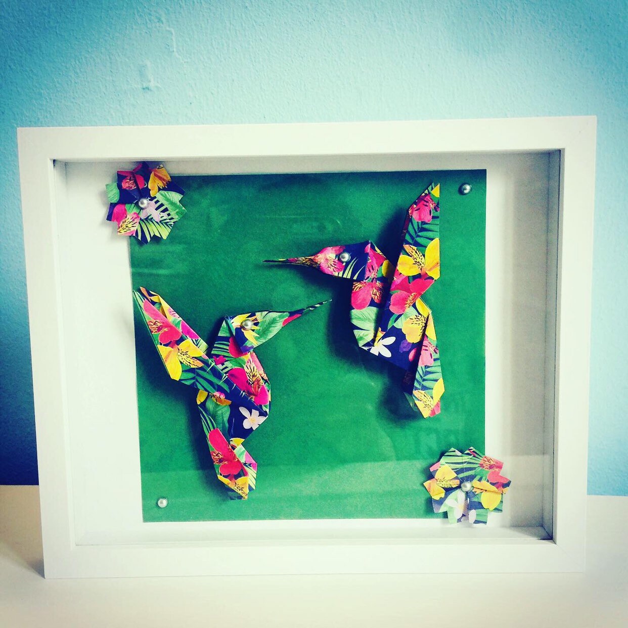 Cadre Box Origami Colibris et Fleurs Tropicales