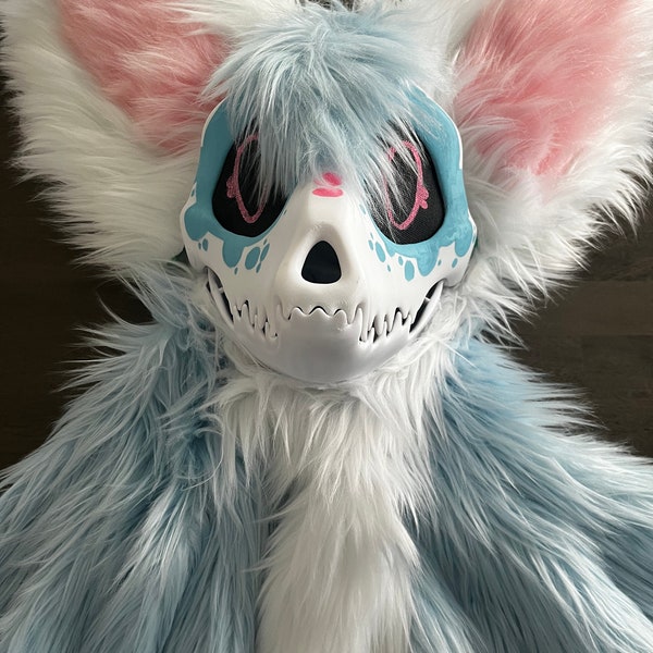 Toony White, Pink, and Blue skulldog fursuit. High Quality and comes with head, tail, and paws