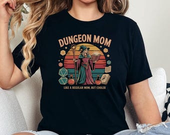 Dungeon Mom T-Shirt, Wizard Retro Sunset Mothers Day Shirt, Funny RPG Gamer Tee, DnD Gift for Moms, Tabletop Gaming Shirt, Fantasy Mom Shirt