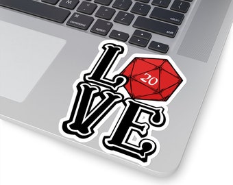 Red D20 Dice Love Sticker, DnD Valentines Gift, D&D Critical Dice Sticker, Dungeons Dragons Luv Decal, Dungeon Master Player Lover Gift