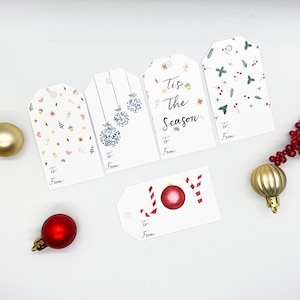 Etiquettes pour cadeaux de Noël à l'aquarelle | Étiquettes-cadeaux | Étiquettes cadeaux en papier de Noël | 10 étiquettes-cadeaux Étiquettes de Noël | Tags pour les fêtes | Mots-clés Joyeux Noël |