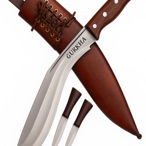 Gurkha Kukri Knife Full Tang Fixed Blade, Leather Sheath, 2 Small Knives - Hand-Hammered in Nepal Afghan War