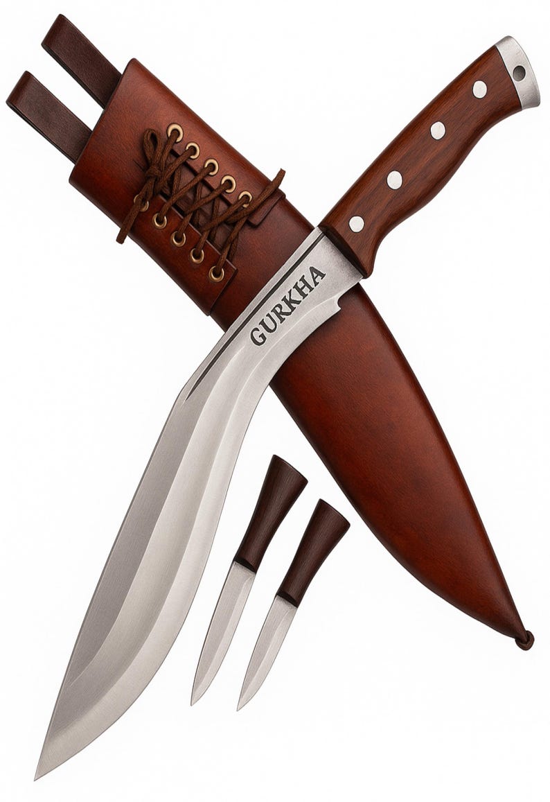 Gurkha Kukri Knife Full Tang Fixed Blade, Leather Sheath, 2 Small Knives - Hand-Hammered in Nepal Afghan War