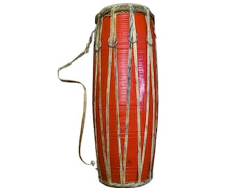 Madal Drum Wooden Nepali Folk Instrument Authentic 17 IN X-Large Drum, Musical Instrument for All Age of Musicians - Hand Carved in Nepal