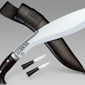 Gurkha Kukri Knife Full Tang Fixed Blade, Leather Sheath, 2 Small Knives - Hand-Hammered in Nepal World War I + Stand