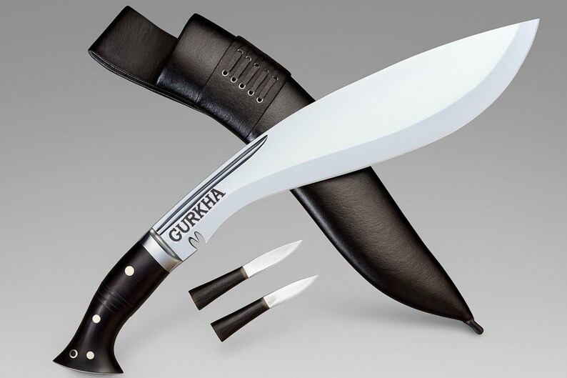 Gurkha Kukri Knife Full Tang Fixed Blade, Leather Sheath, 2 Small Knives - Hand-Hammered in Nepal World War I + Stand