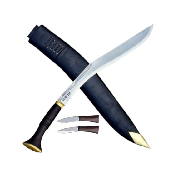 Gurkha Kukri Knife Full Tang Fixed Blade, Leather Sheath, 2 Small Knives - Hand-Hammered in Nepal