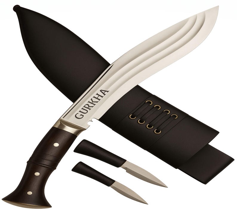 Gurkha Kukri Knife Full Tang Fixed Blade, Leather Sheath, 2 Small Knives - Hand-Hammered in Nepal 3 Fuller