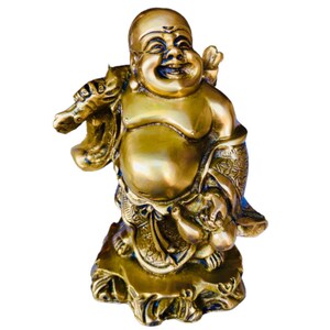 Laughing Buddha 8&quot; Brass Sculptures Lucky Happiness - Laughing Buddha Statue Figurines - Carrying Money Bag, Business Journey, God of Wealth