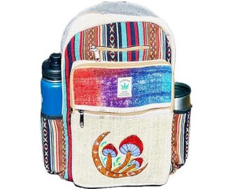 Himalayan Hemp Backpack, Moon Applique, Festival Hippie 17" Gurkha Bag for Travel, Laptop, Hiking, Camping-Handmade in Nepal