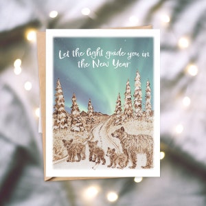 Northern Light Bears - Happy New Year Greeting Card - 4.25" x 5.5"