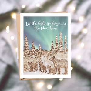 Ours aurores boréales - Carte de vœux de bonne année - 4,25" x 5,5"