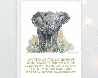 What Day Is It? Forgetful Elephant Birthday Card, Funny Cute, Belated Birthday, Special Occasion, Greeting Card, Blank, 4.25” x 5.5”